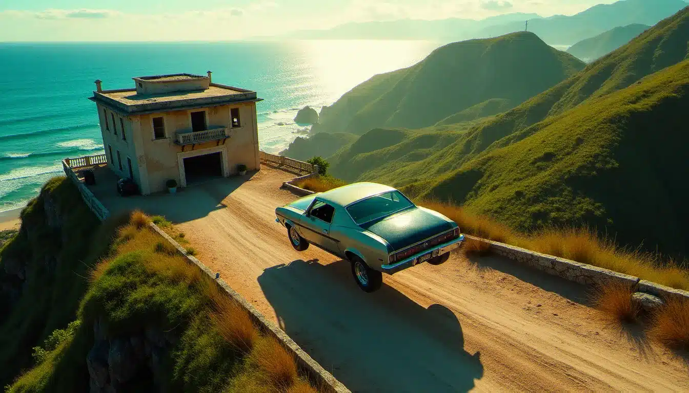 Vue aérienne d'une voiture en plein vol après le hotel danger sign FH5, avec le bâtiment hôtelier et la côte mexicaine en arrière-plan
