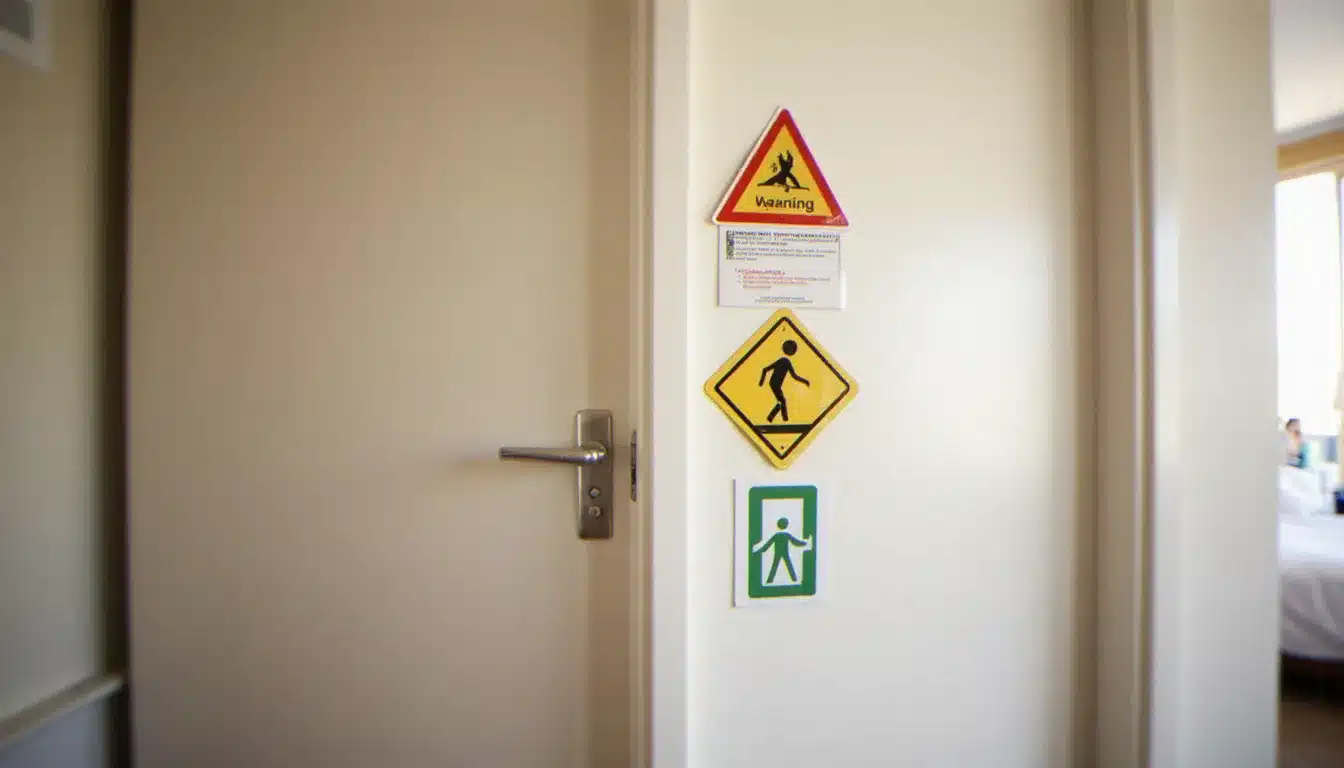 Panneau de signalétique de danger hôtelière avec pictogrammes rouges, jaunes et verts normalisés ISO 7010 fixé sur le mur blanc d'une chambre d'hôtel