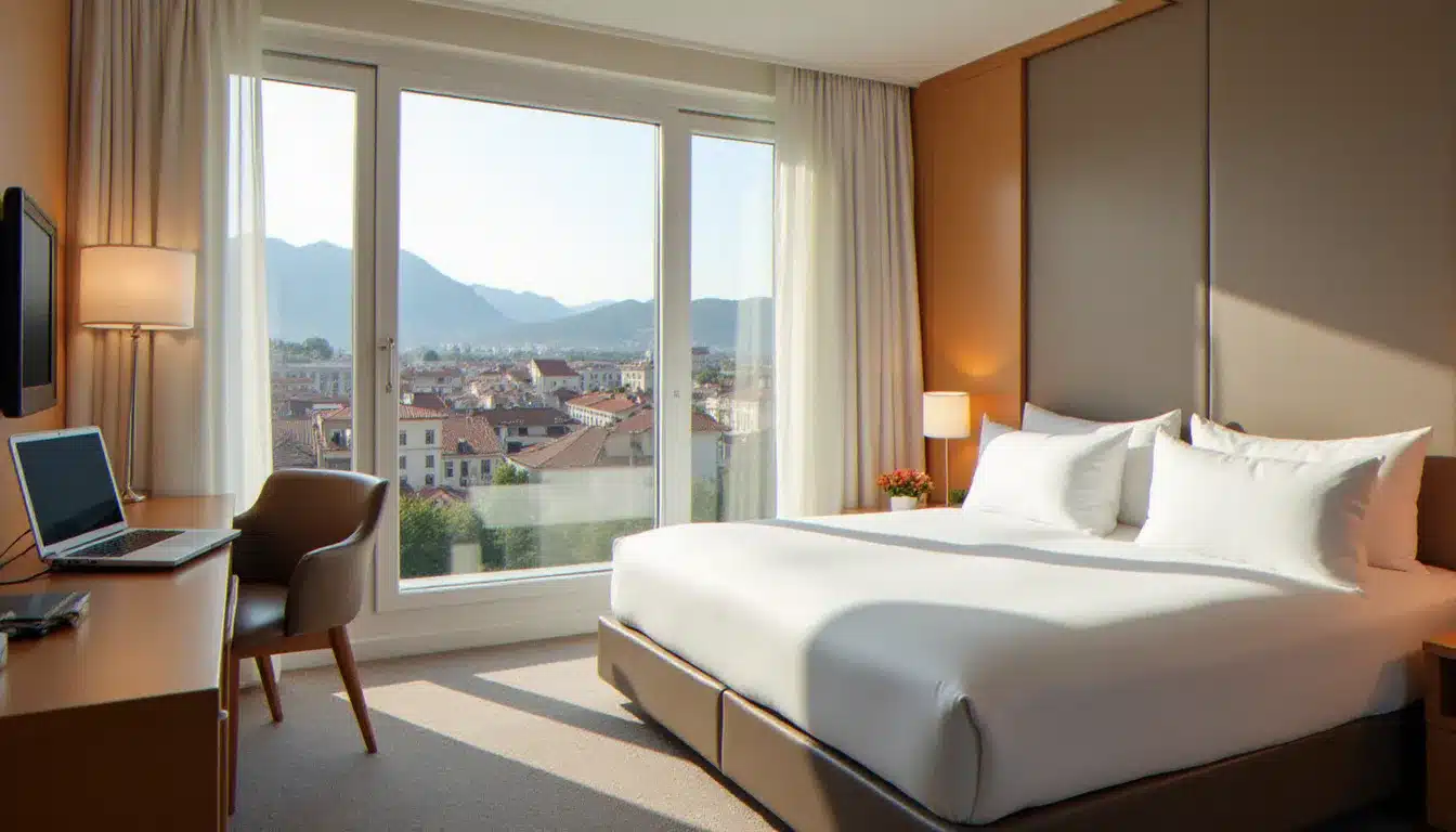 Chambre d'hôtel 2 étoiles lumineuse à Grenoble avec vue sur les toits et les montagnes environnantes, adaptée à un déplacement professionnel