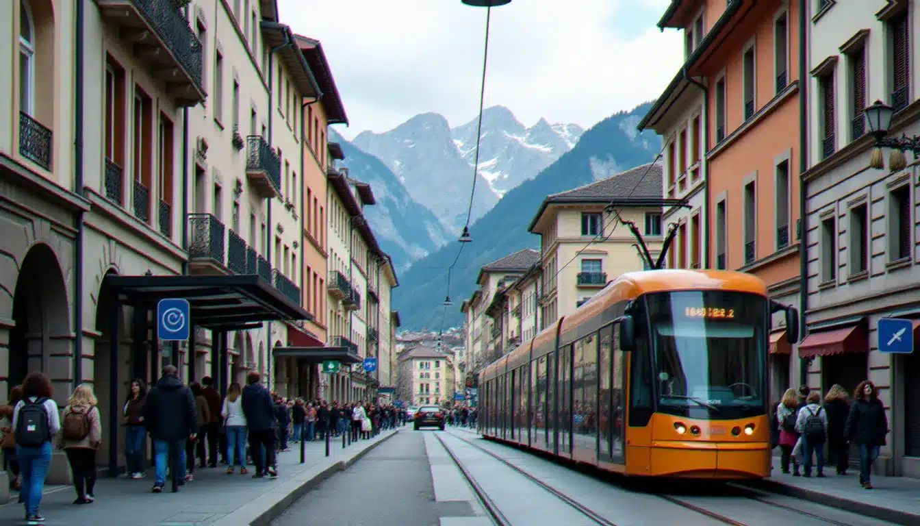 Arrêt de tramway dans le centre de Grenoble avec le massif du Vercors visible en arrière-plan, illustrant la mobilité urbaine dans la ville