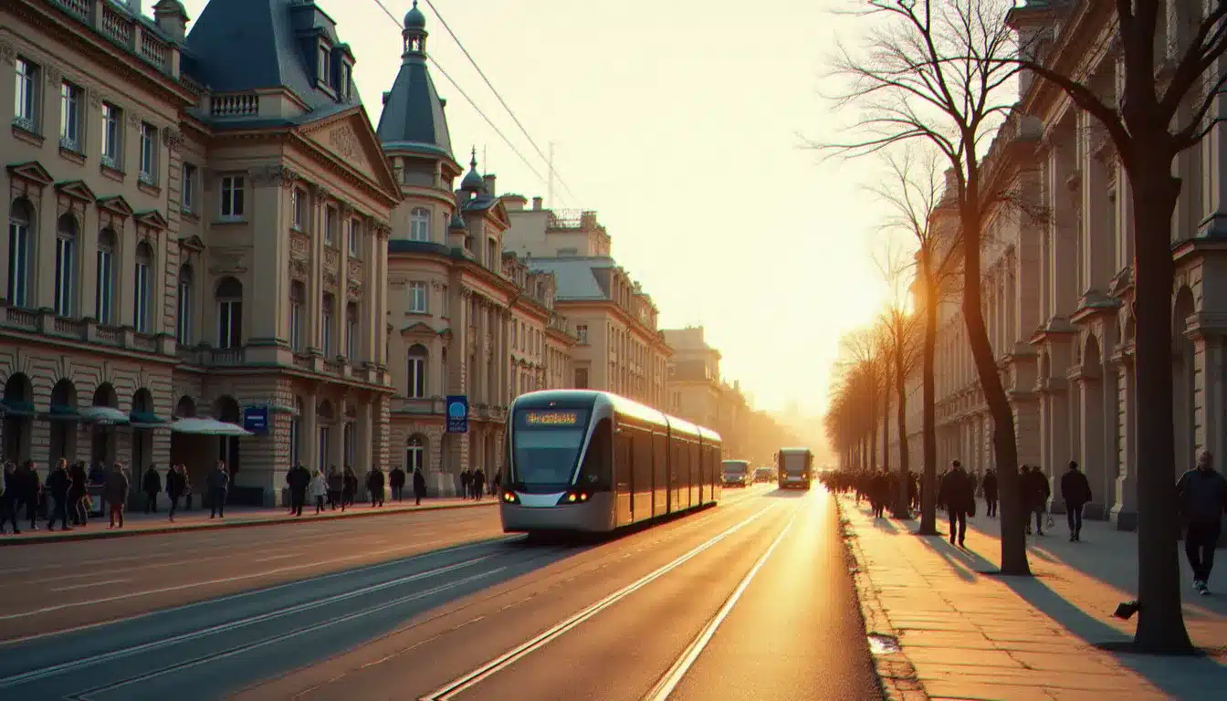 Avenue de Verdun à Grenoble avec le tramway et le bâtiment de l'hôtel de police en arrière-plan, en lumière matinale