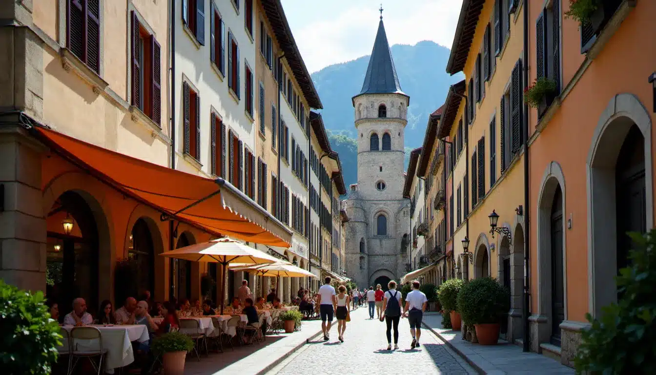 Ruelle piétonne du Vieux-Grenoble à proximité de la collégiale Saint-André, terrasses de café et façades en pierre