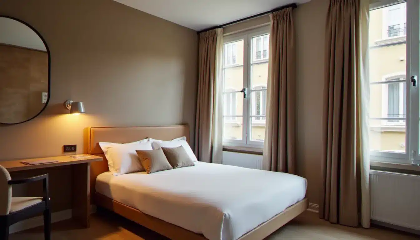 Chambre d'hôtel confortable au centre de Grenoble avec vue sur rue, bureau en bois et lit double, ambiance chaleureuse