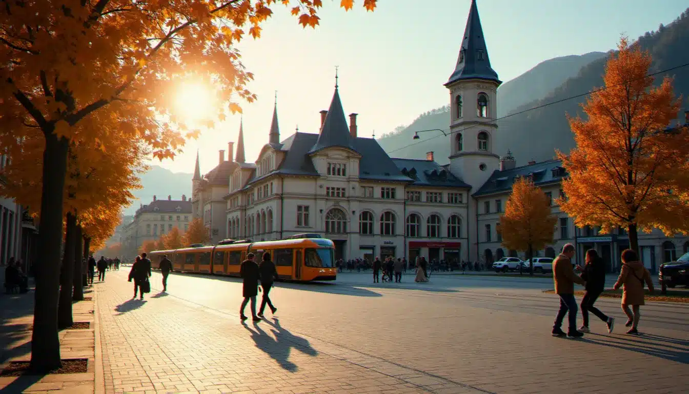 La place Verdun à Grenoble avec l'hôtel de ville de Grenoble visible en arrière-plan, tramway et piétons au premier plan