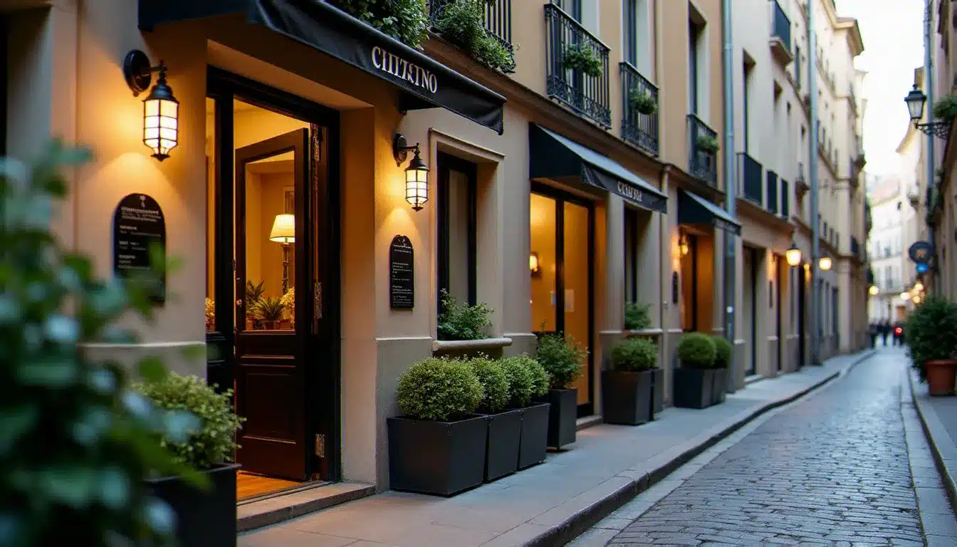 Façade d'un hôtel boutique typique dans le 1er arrondissement de Lyon, proche de la place des Terreaux, avec des pavés et un éclairage chaleureux
