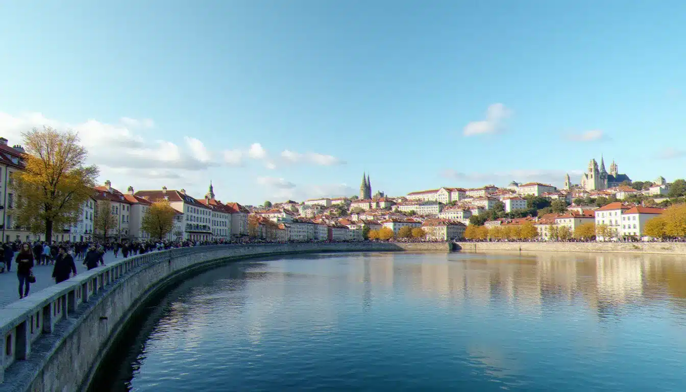 Vue panoramique de la Presqu'île de Lyon depuis les quais de Saône, avec la basilique de Fourvière en arrière-plan et les immeubles historiques du centre-ville