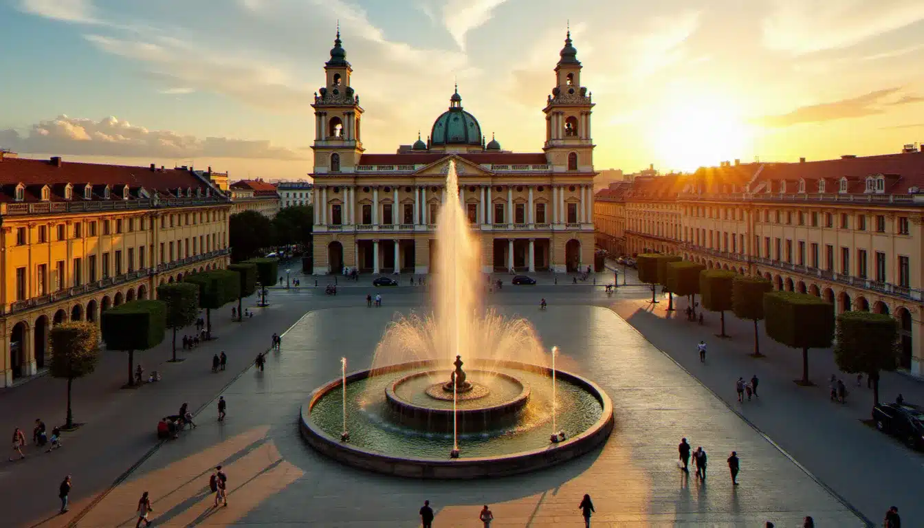 Vue aérienne de la place des Terreaux à Lyon avec la façade baroque de l'hôtel de ville Lyon et la fontaine Bartholdi au coucher du soleil