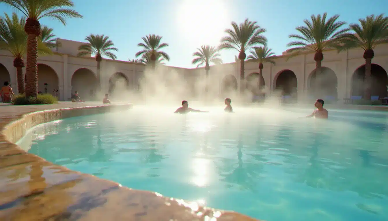 Bassin thermal extérieur d'un hôtel à El Hamma de Gabès avec des baigneurs se délassant dans les eaux naturelles chaudes minéralisées entourées de palmiers