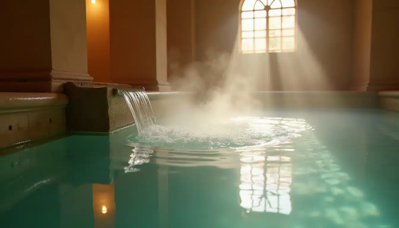 Eau thermale naturelle chaude s'écoulant d'un canal en pierre dans un bassin de hammam traditionnel d'un établissement thermal à El Hamma de Gabès, vapeur minérale visible