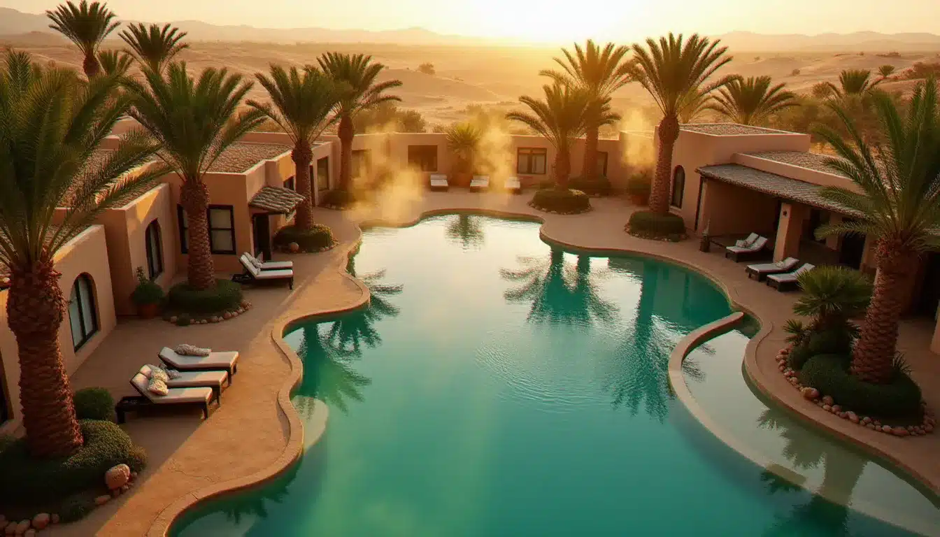 Vue aérienne d'un hôtel des eaux naturelle chaude à El Hamma de Gabès avec bassin thermal extérieur fumant entouré de palmiers dans une oasis tunisienne au coucher du soleil