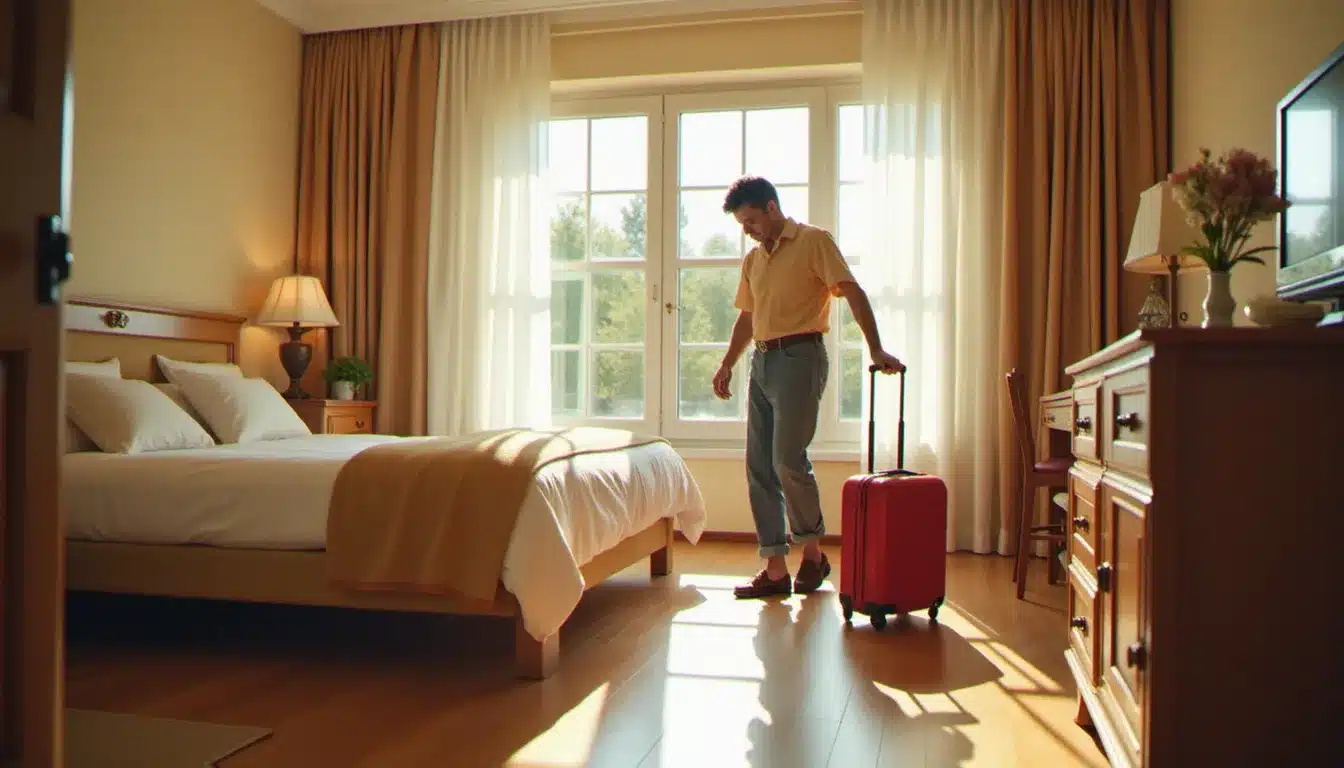 Voyageur effectuant un dernier contrôle de la chambre d'hôtel avant de partir pour ne pas oublier ses effets personnels