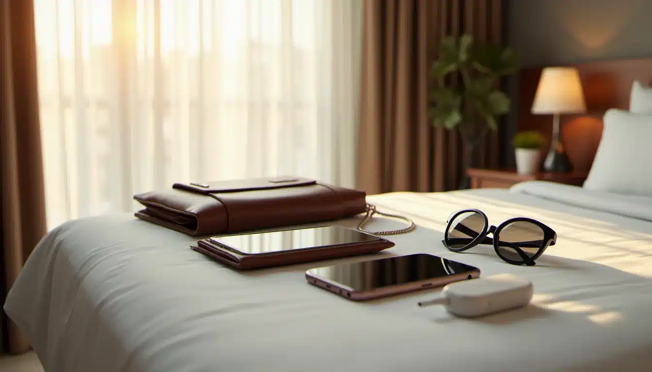 Effets personnels posés sur un lit d'hôtel avant le départ, illustrant les objets susceptibles d'être oubliés dans un hôtel à Orange