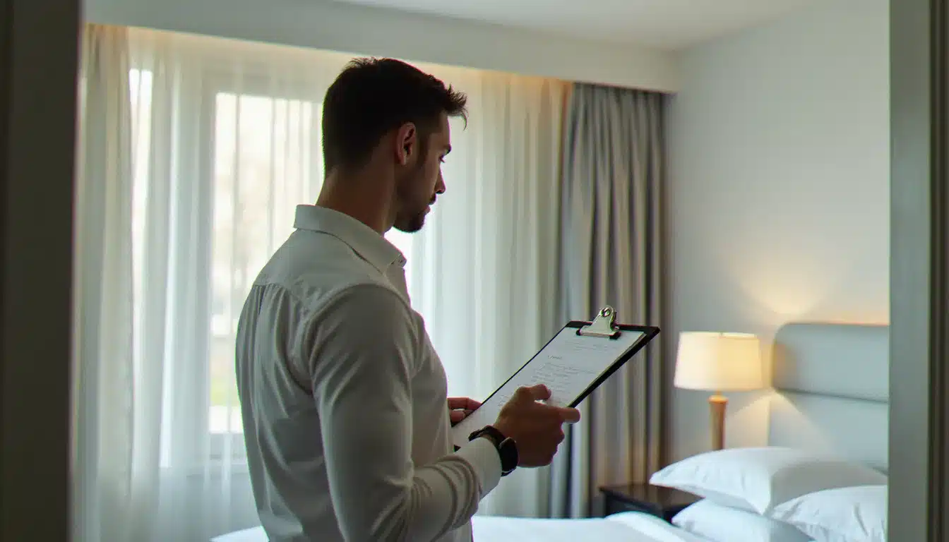 Inspecteur qualité vérifiant les critères de classement d'un hôtel commercial dans une chambre lumineuse aux draps blancs immaculés