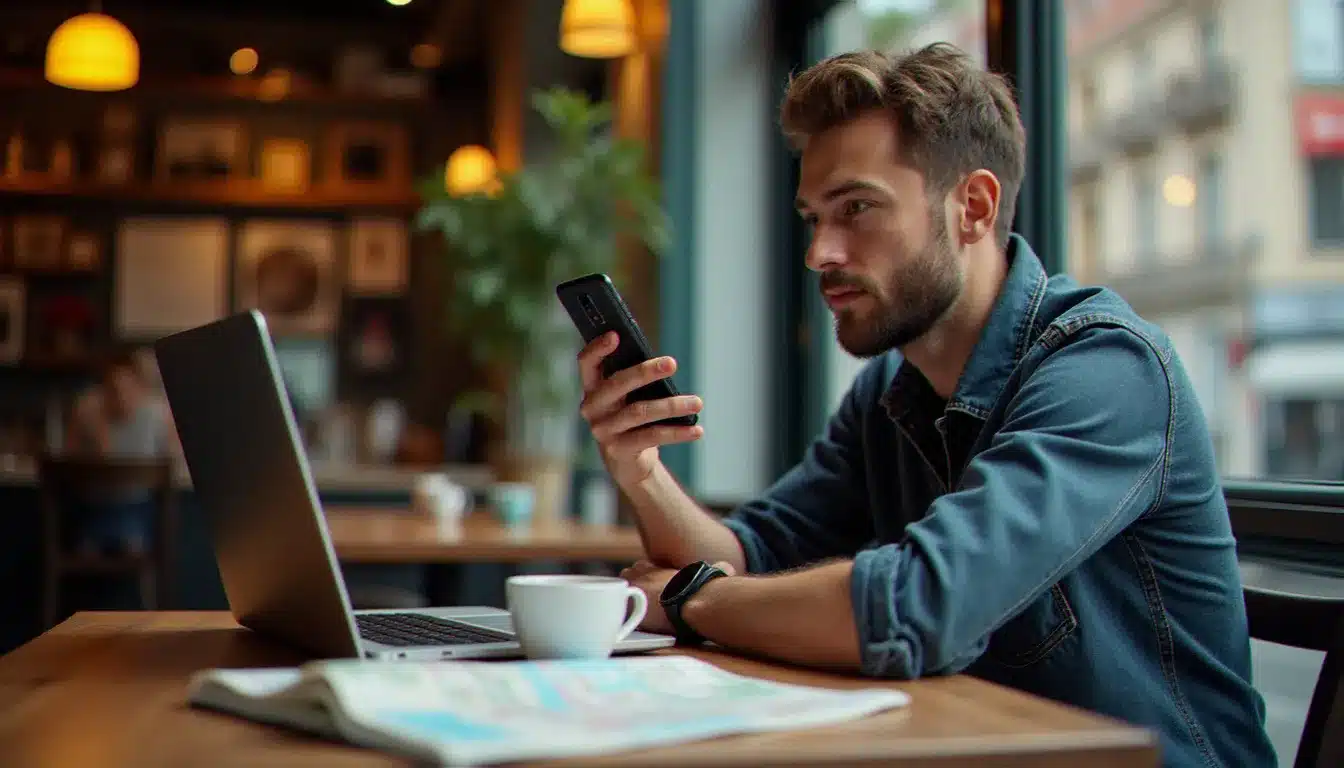 Voyageur comparant plusieurs hôtels établissements commerciaux sur ordinateur portable et smartphone avant de réserver son séjour dans une ville française