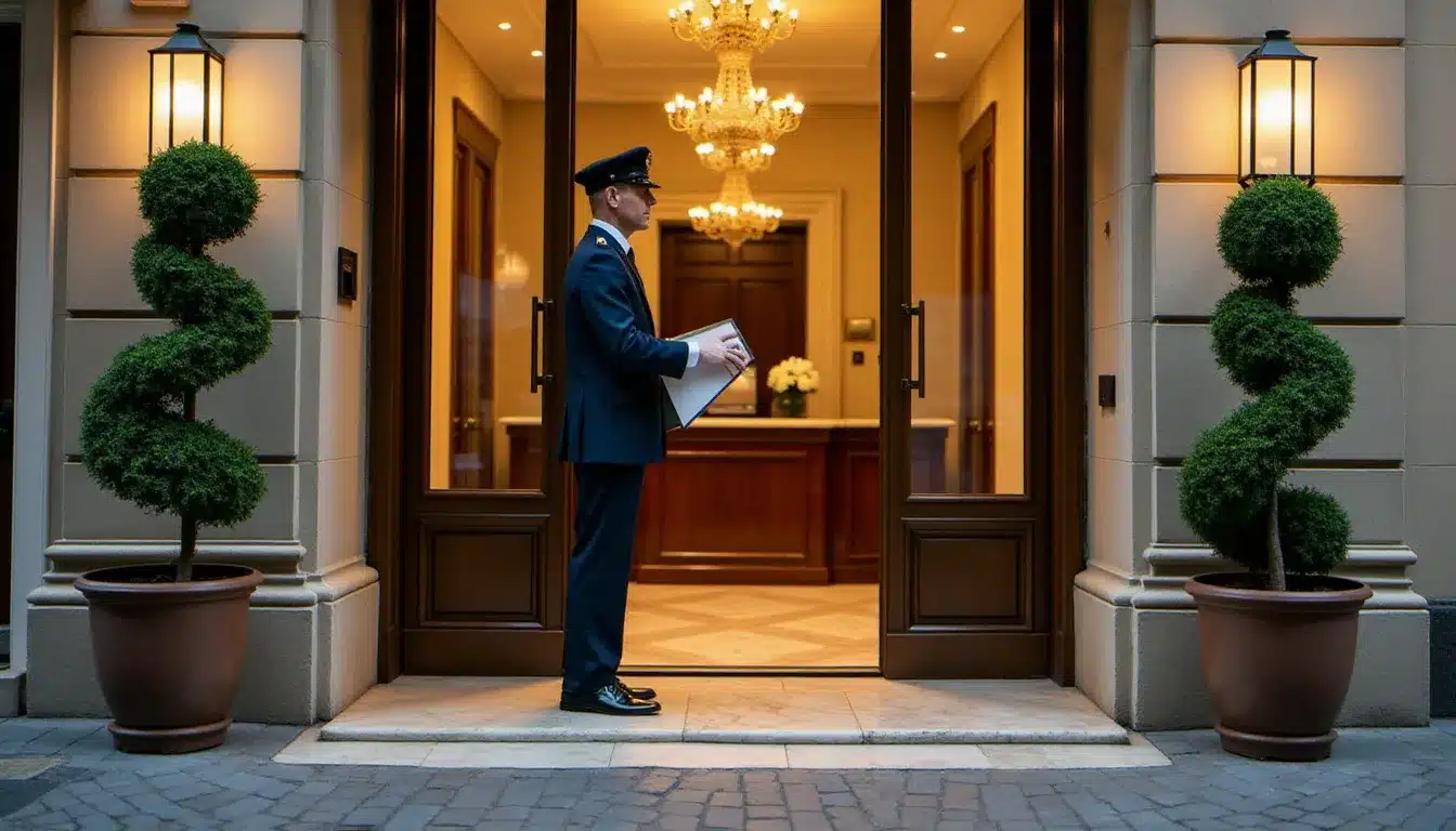 Entrée d'un hôtel établissement commercial français avec portier en uniforme et hall en marbre visible, lumière dorée d'après-midi sur une façade en pierre