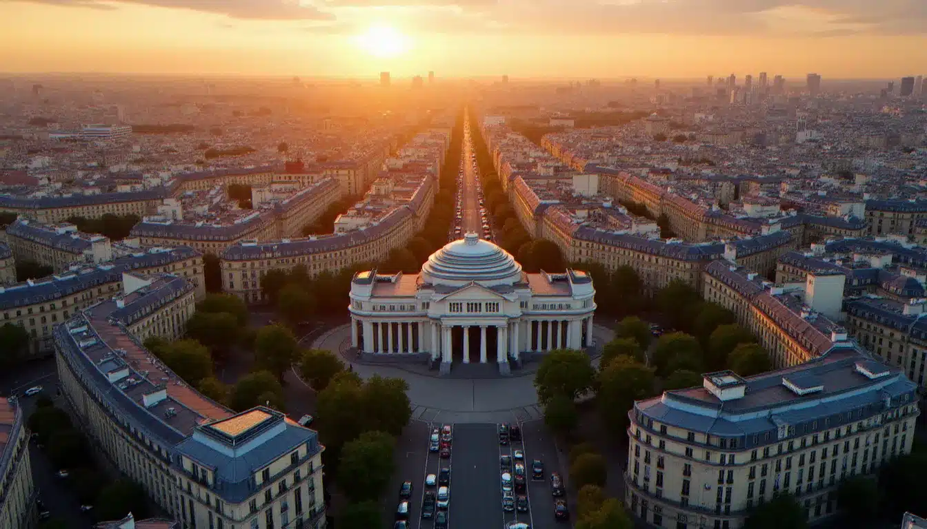 Vue aérienne du quartier Opéra Garnier à Paris en lumière dorée, montrant les Grands Boulevards et les haussmanniens environnants
