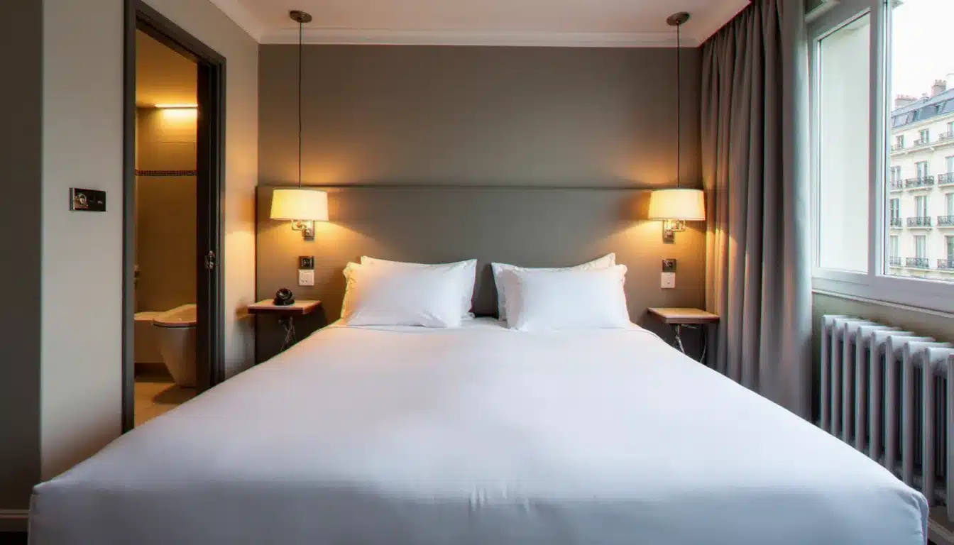 Chambre double d'un hôtel parisien trois étoiles avec literie blanche, décoration sobre et fenêtre donnant sur la rue, illustrant le confort fonctionnel proposé