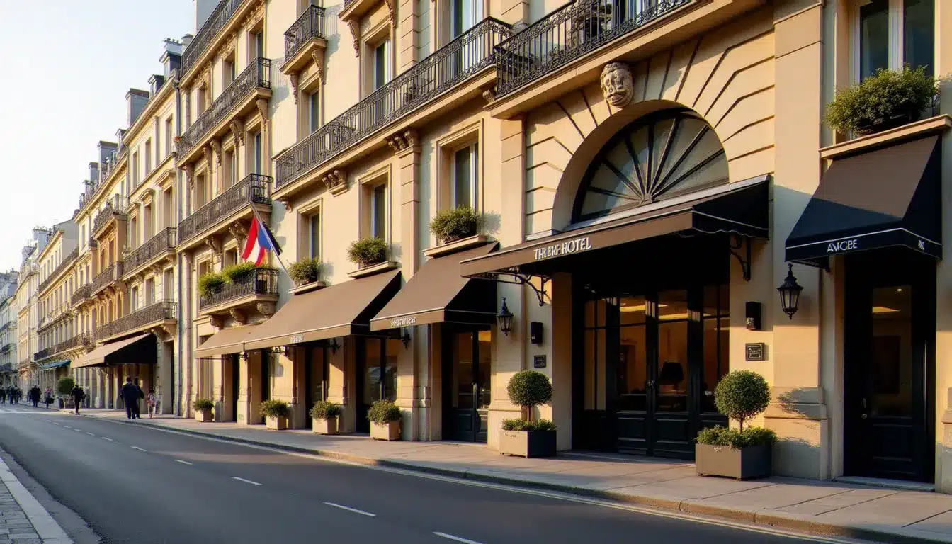 Façade haussmannienne d'un hôtel trois étoiles situé rue d'Antin à Paris, près de l'Opéra Garnier, photographiée en lumière matinale