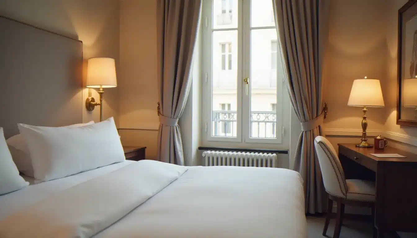 Chambre double de l'Hôtel France d'Antin Opéra avec literie blanche et décoration sobre typique des hôtels trois étoiles parisiens du quartier Opéra