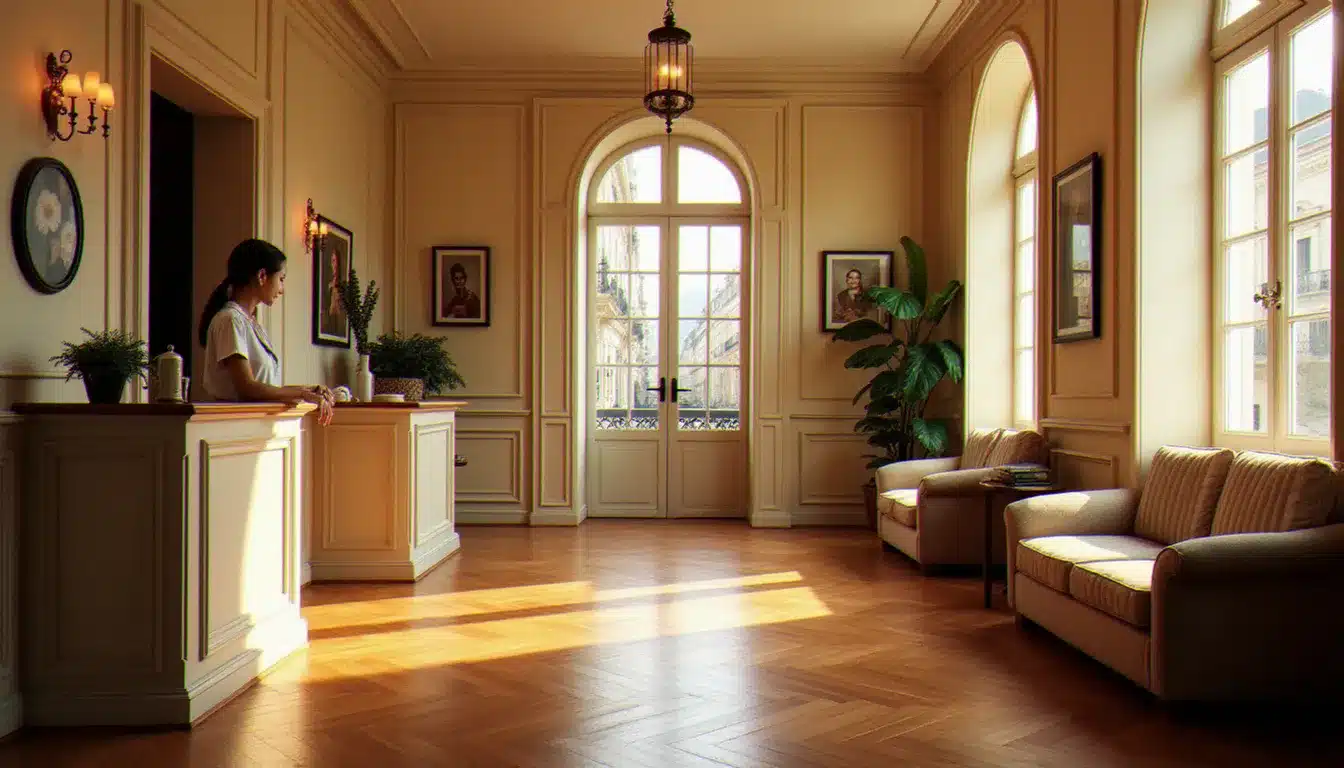 Hall d'accueil de l'hôtel France d'Antin Opéra, avec parquet en bois, éclairage chaleureux et décoration sobre typique d'un hôtel de charme parisien