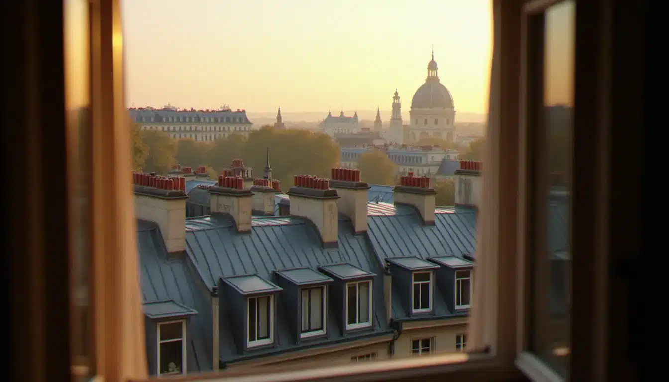 Vue depuis une chambre de l'hôtel France d'Antin Opéra sur les toits haussmanniens du 9e arrondissement de Paris, avec aperçu du dôme de l'Opéra Garnier en arrière-plan