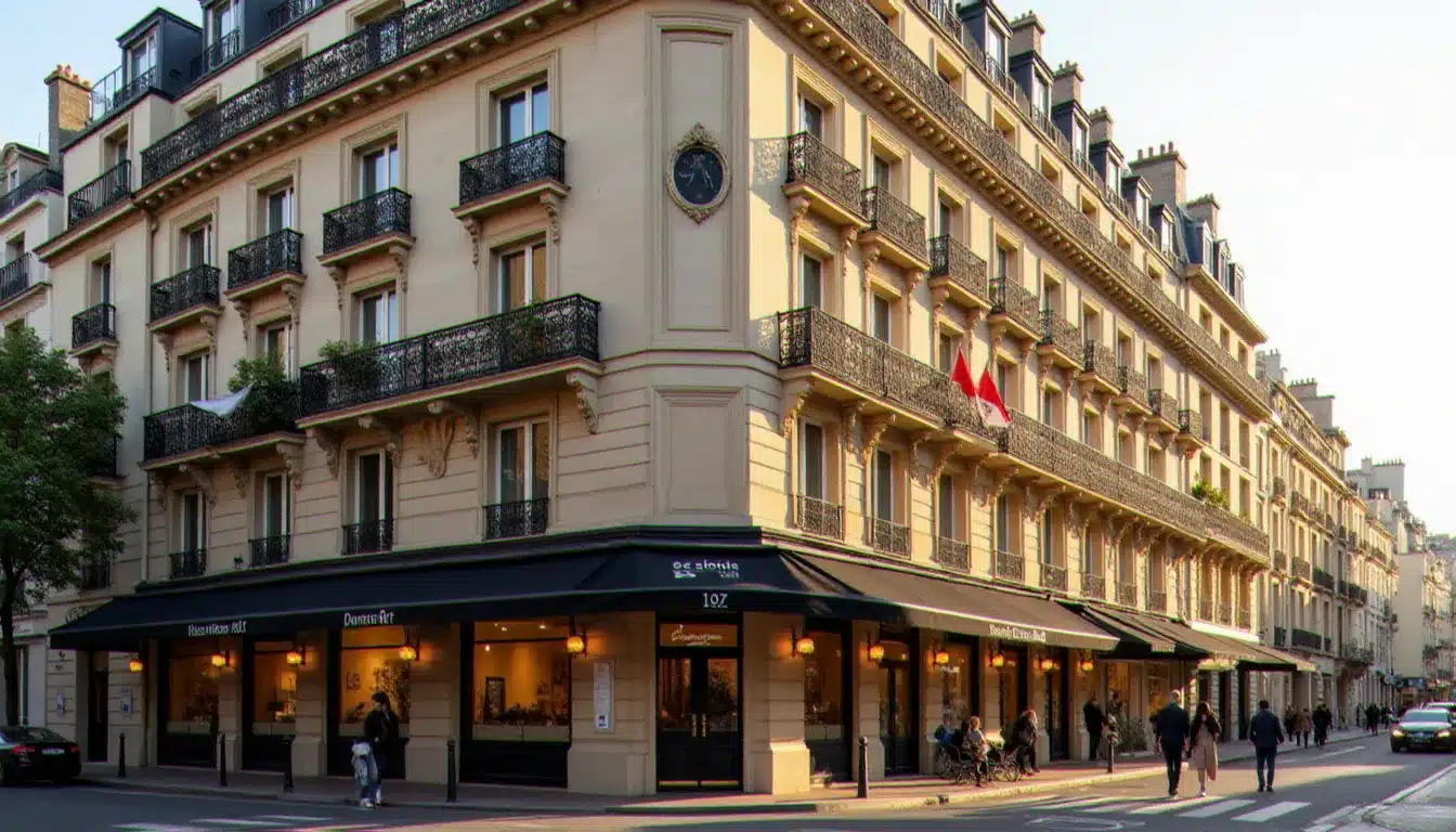 Façade classique haussmannienne de l'Hôtel France d'Antin Opéra dans le 9e arrondissement de Paris, illustrant les photos extérieures de l'établissement