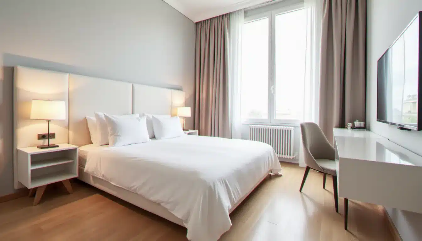 Chambre double supérieure de l'hôtel France Eiffel, décoration contemporaine sobre, grand lit blanc, parquet clair et fenêtre lumineuse donnant sur Paris