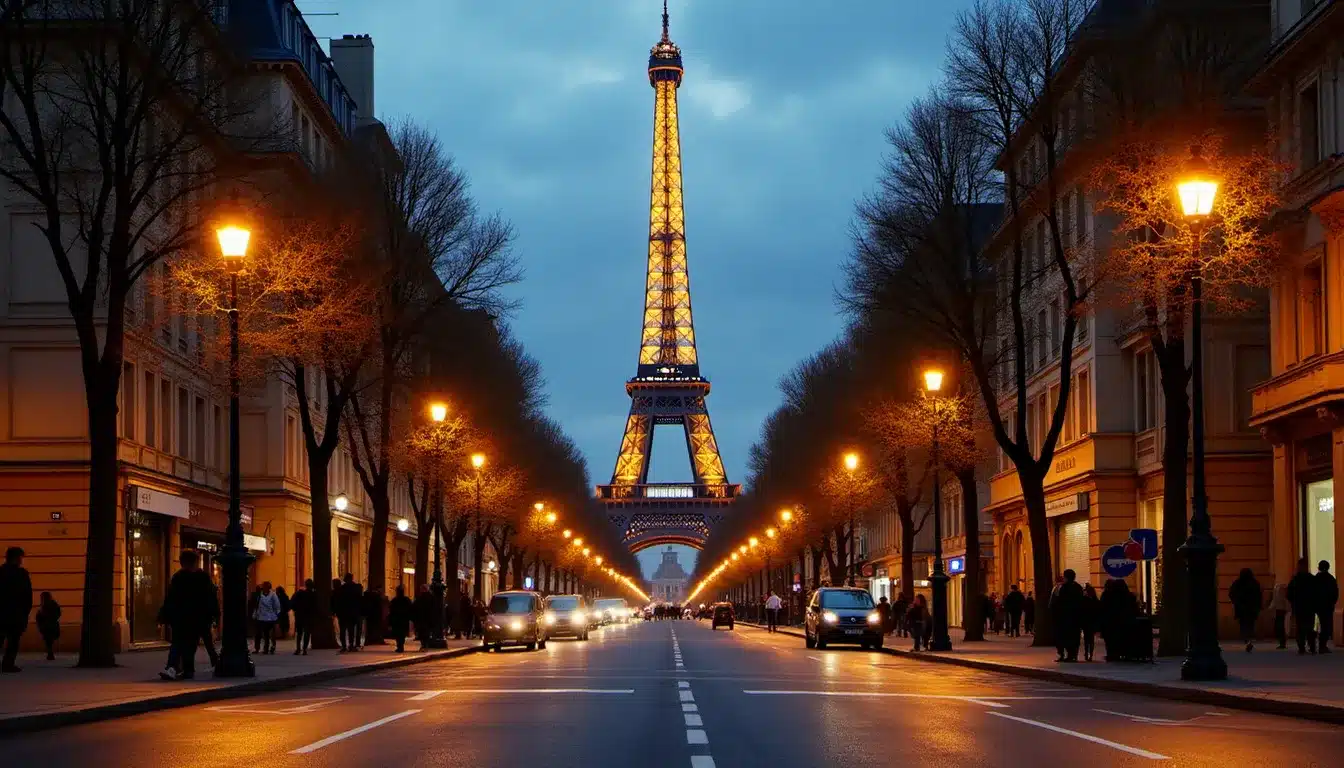 Vue sur la Tour Eiffel illuminée depuis une avenue du 15ème arrondissement parisien au crépuscule, bâtiments haussmanniens encadrant la Dame de Fer en arrière-plan