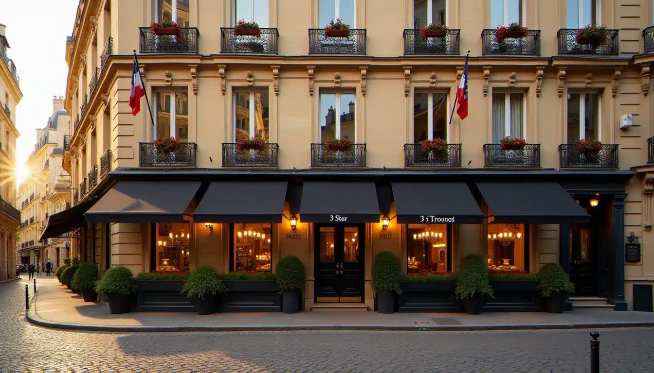 Façade de l'hôtel France Eiffel à Paris, bâtiment haussmannien avec balcons en fer forgé, lumière dorée du matin, rue pavée du 15ème arrondissement