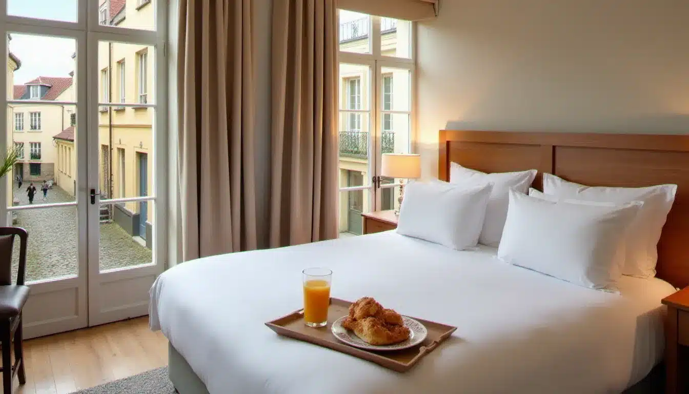 Chambre double confortable de l'hôtel France et Chateaubriand avec vue sur une ruelle pavée de Saint-Malo, décoration intérieure bretonne et plateau de petit-déjeuner local