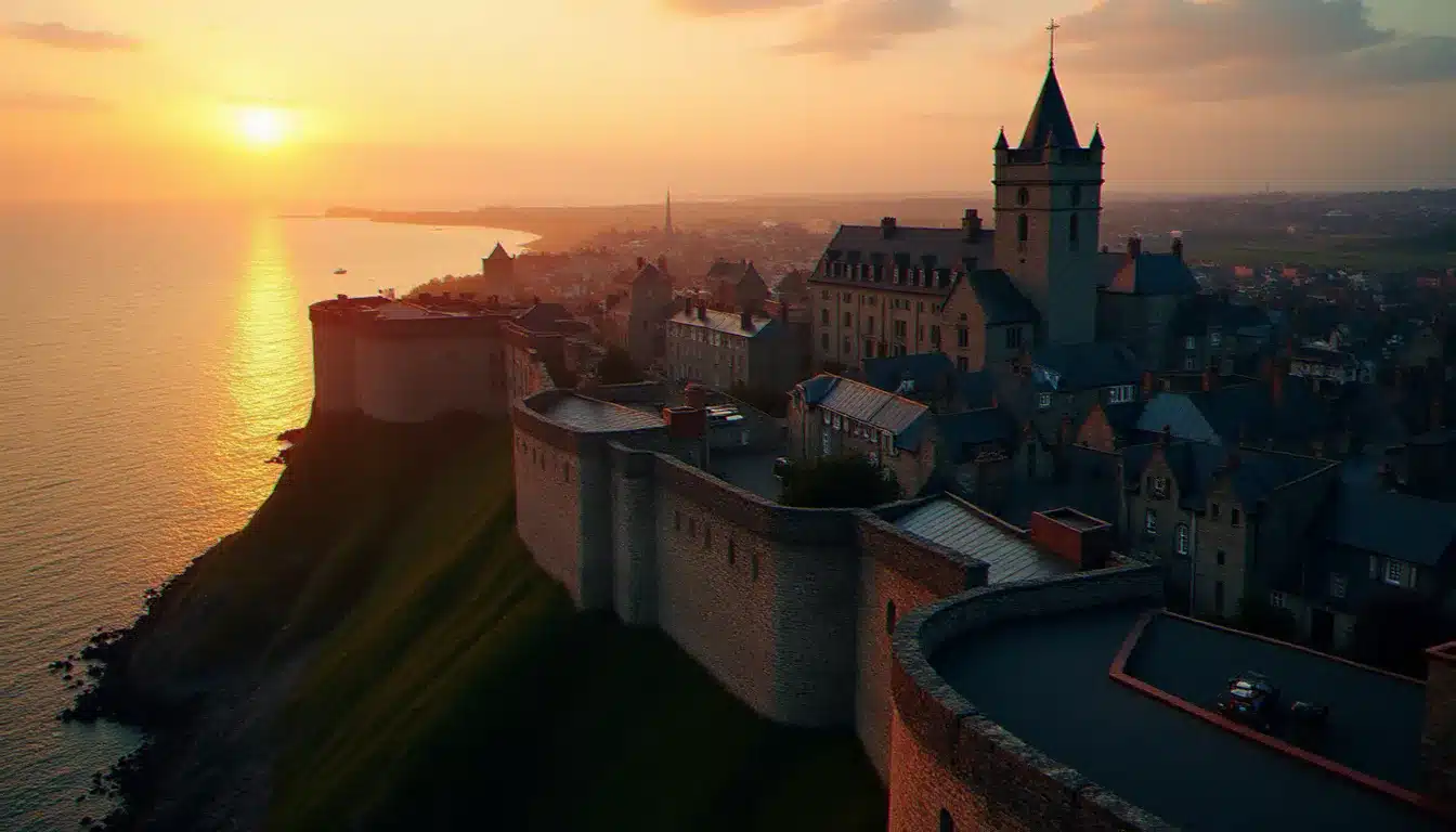 Vue aérienne de Saint-Malo intra-muros au crépuscule avec les remparts en granit illuminés et la mer en arrière-plan, quartier de l'hôtel France et Chateaubriand visible