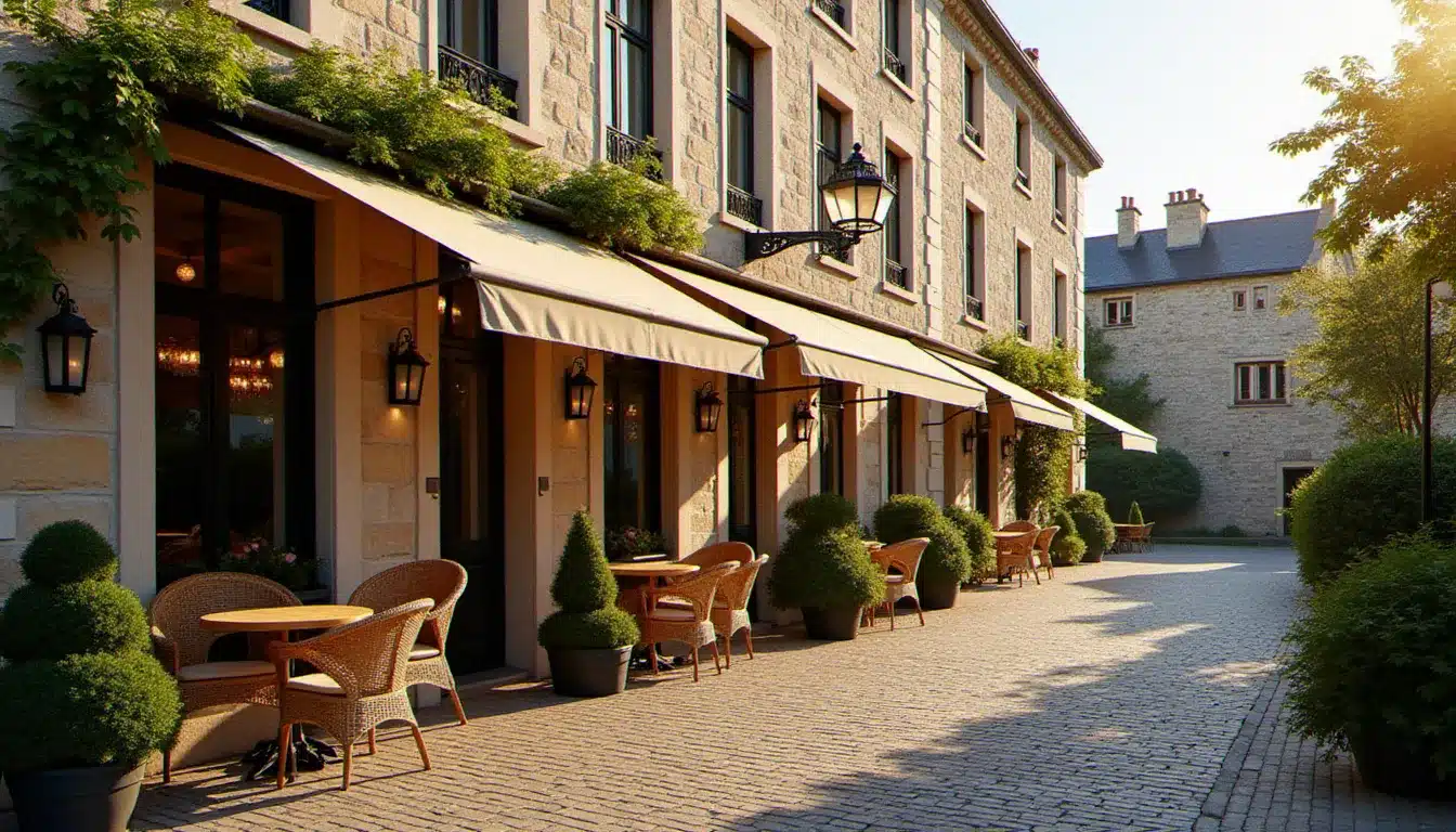 La façade en granit de l'hôtel France et Chateaubriand sur la Place Chateaubriand à Saint-Malo intra-muros, avec les remparts médiévaux bretons en arrière-plan au coucher du soleil
