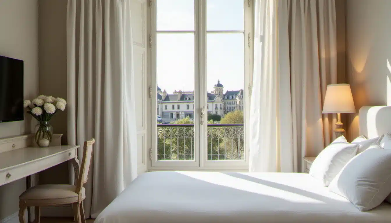 Chambre de l'hôtel France et Chateaubriand à Saint-Malo avec fenêtres donnant sur la place historique, décoration sobre et literie blanche dans un cadre hôtelier trois étoiles