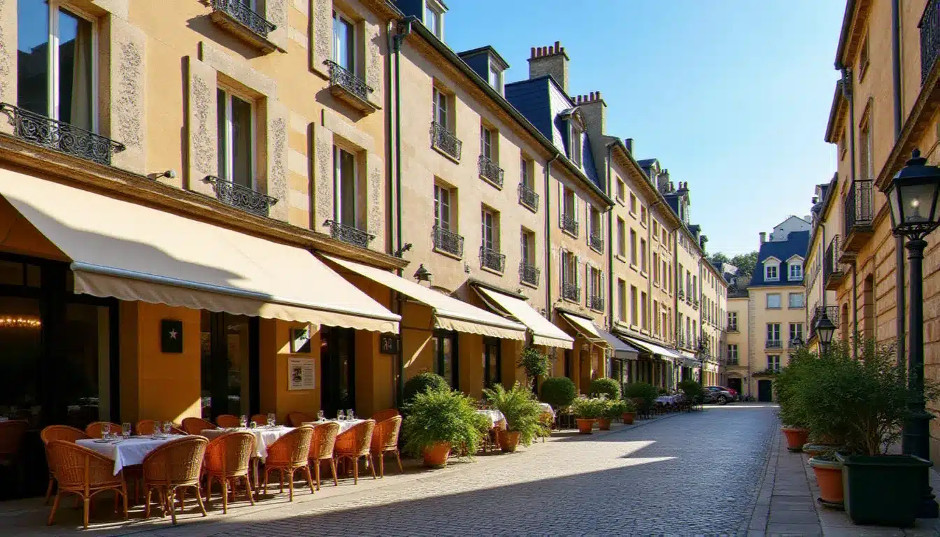 Façade de l'hôtel France et Chateaubriand sur la place Chateaubriand à Saint-Malo, architecture bretonne en pierres de granit avec terrasse de café au premier plan