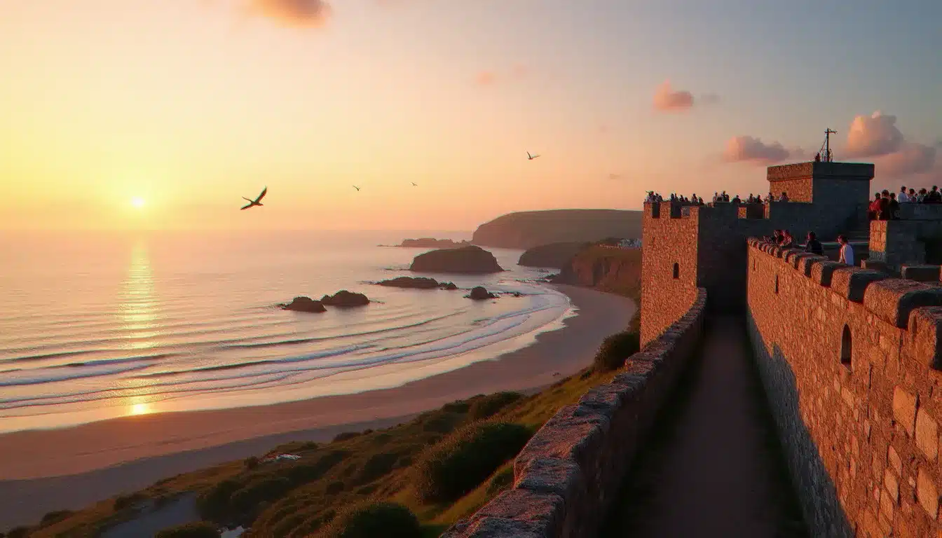 Vue panoramique depuis les remparts de granit de Saint-Malo au coucher du soleil, avec l'Atlantique et les îlots rocheux visibles, non loin de la place Chateaubriand où est situé l'hôtel France et Chateaubriand