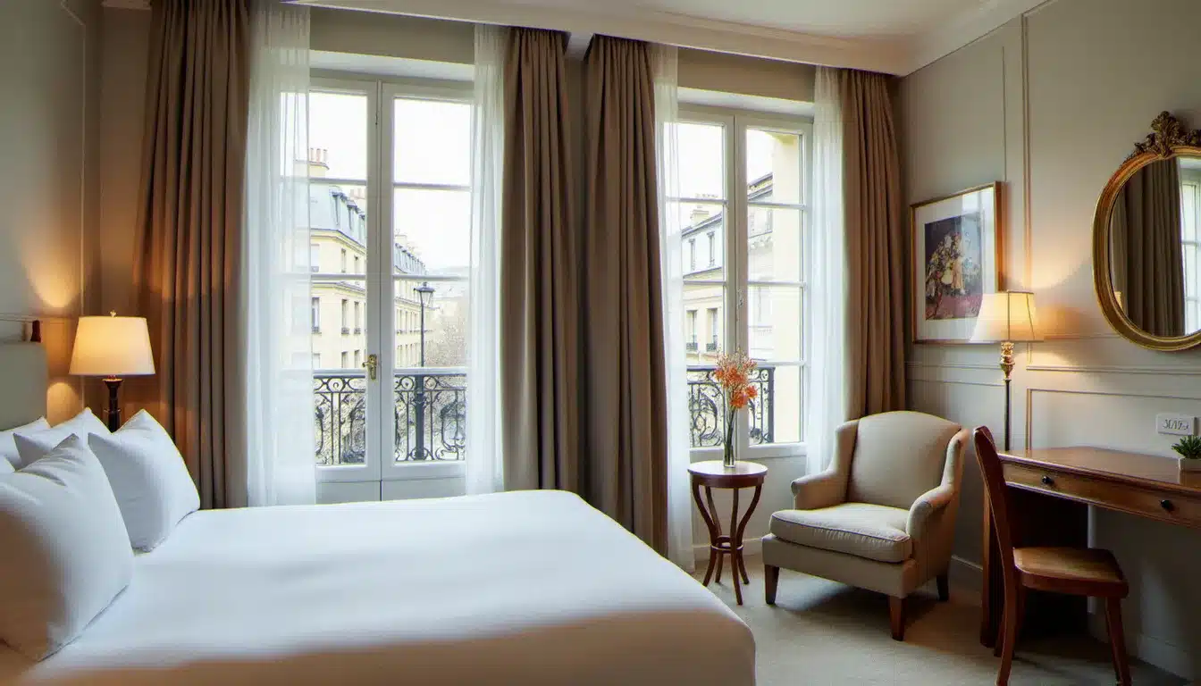 Chambre d'hôtel confortable dans le 1er arrondissement de Paris avec vue sur les toits parisiens et décoration classique française