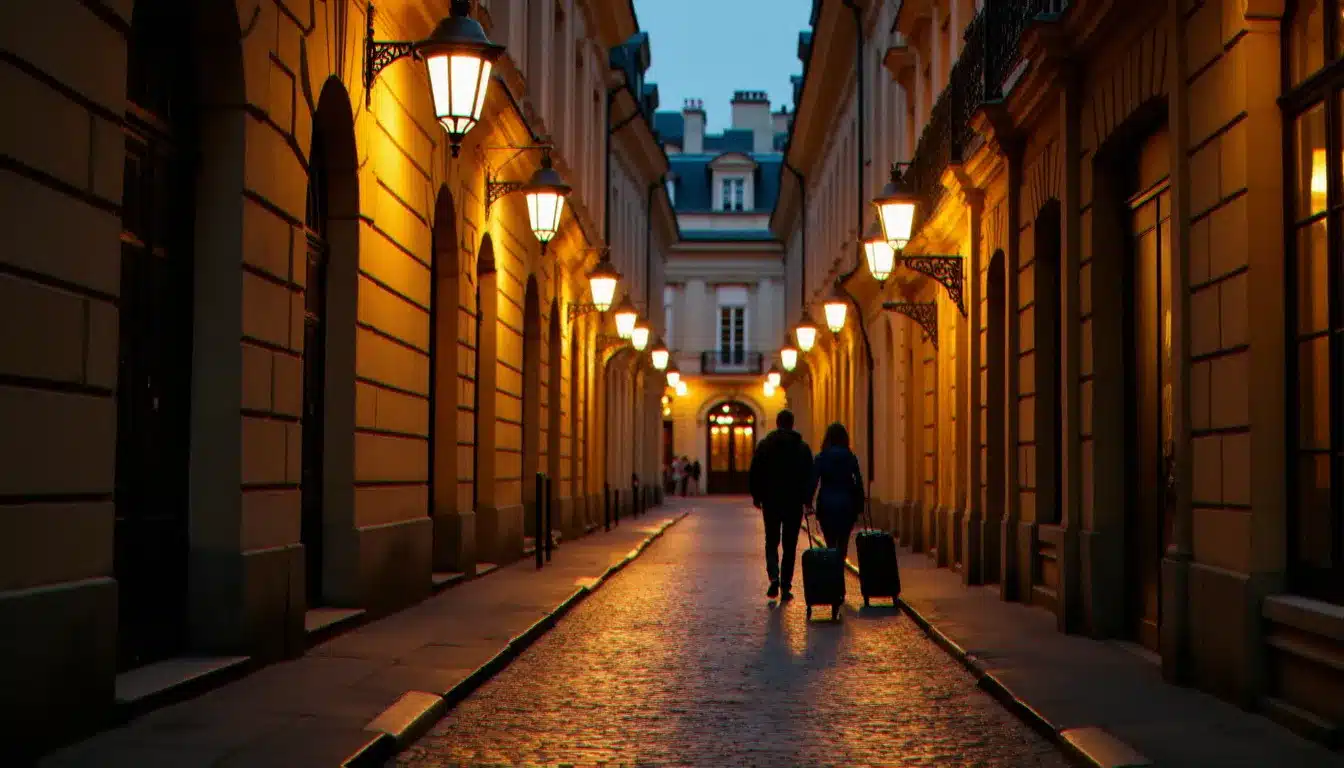Ruelle calme du quartier Palais Royal à Paris au crépuscule avec l'entrée d'un petit hôtel illuminée en arrière-plan