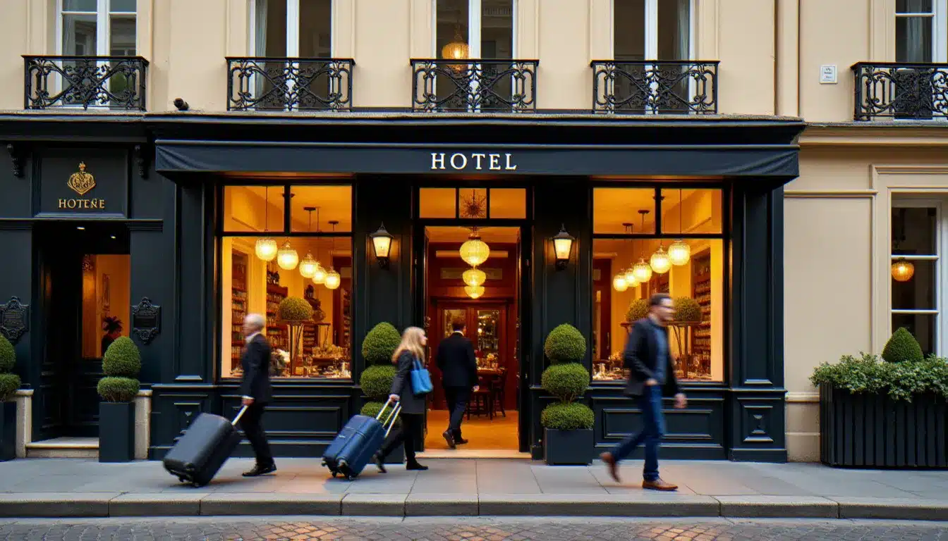 Façade d'un hôtel parisien de style haussmannien près du Louvre à Paris, avec balcons en fer forgé et lumière dorée du matin
