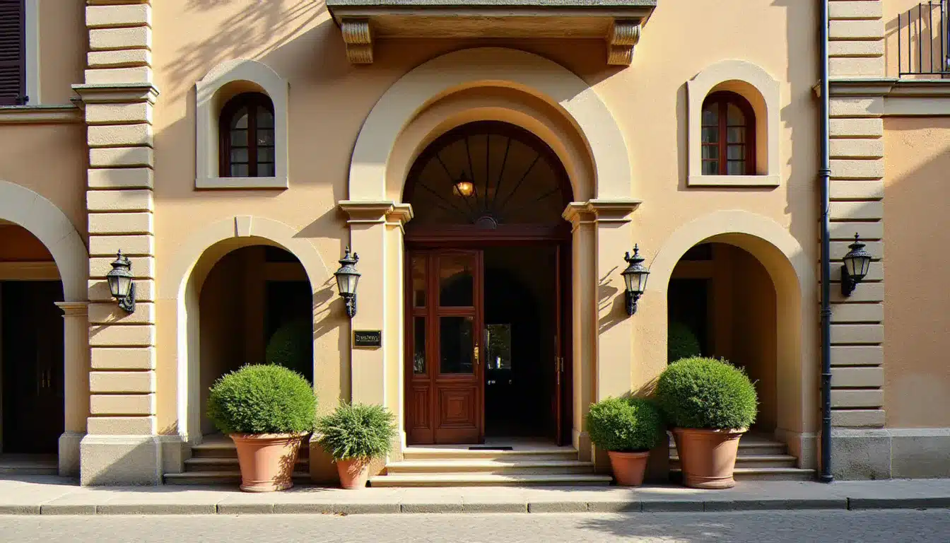 Façade en travertin de l'hotel Guiderocchi Ascoli Piceno, avec son entrée en arc Renaissance et la rue pavée caractéristique du centre historique
