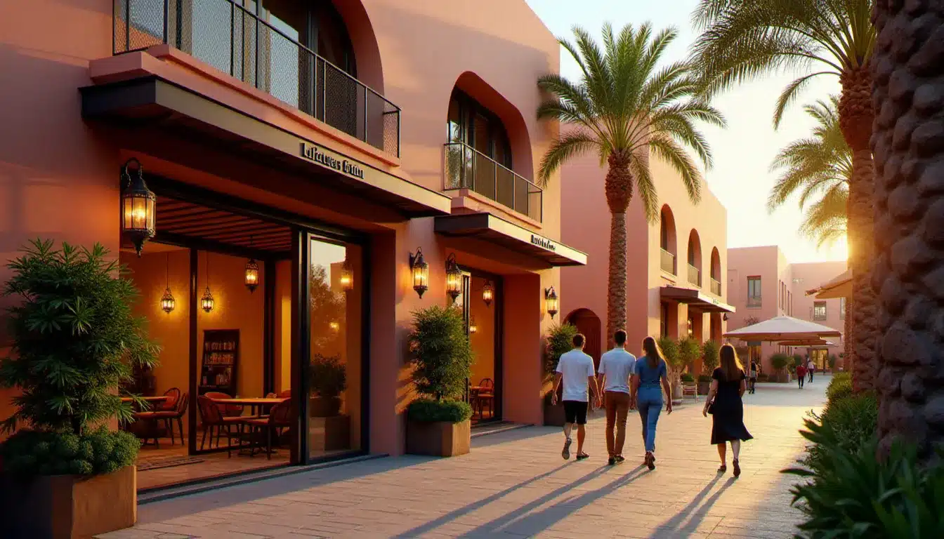 Terrasse extérieure d'un hôtel boutique dans le quartier Guéliz à Marrakech au coucher du soleil, avec palmiers et décoration marocaine contemporaine