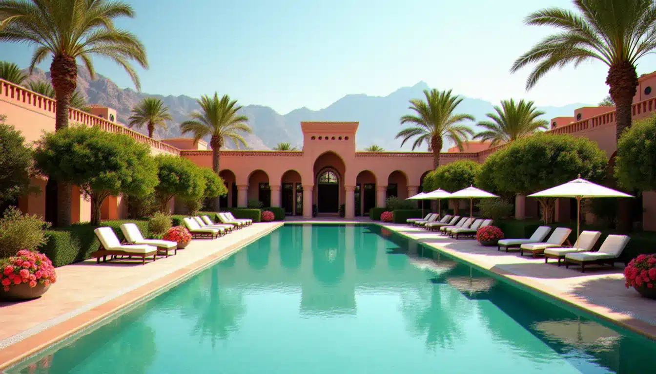 Piscine d'un palace cinq étoiles à Marrakech entourée de jardins de roses et d'orangers, avec architecture mauresque et vue sur l'Atlas en arrière-plan