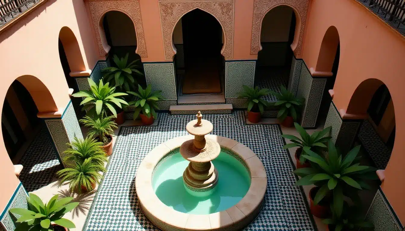 Patio intérieur d'un riad de charme à Marrakech avec fontaine centrale en zellige, représentatif des meilleurs hotels de la médina