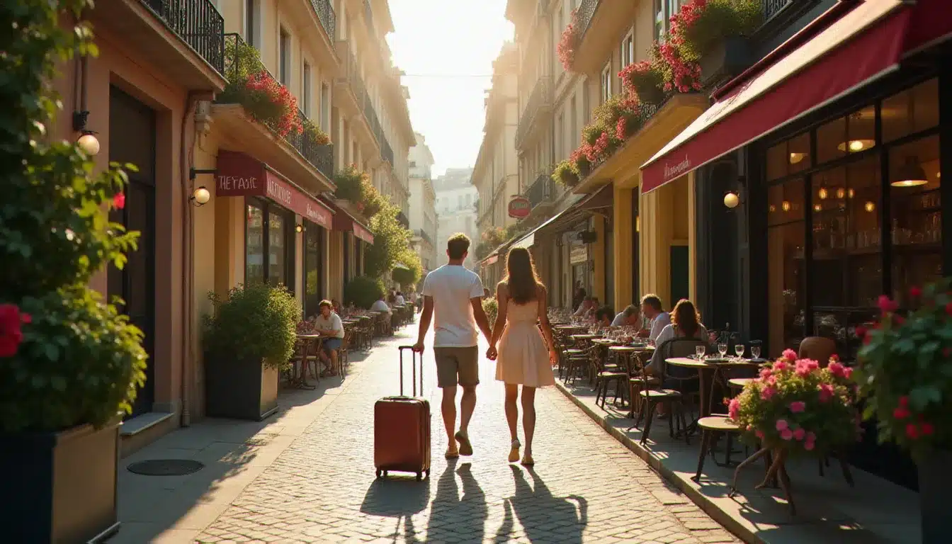 Couple de touristes avec bagages dans une rue du Marais à Paris au matin, devant l'entrée d'un hôtel boutique fleuri