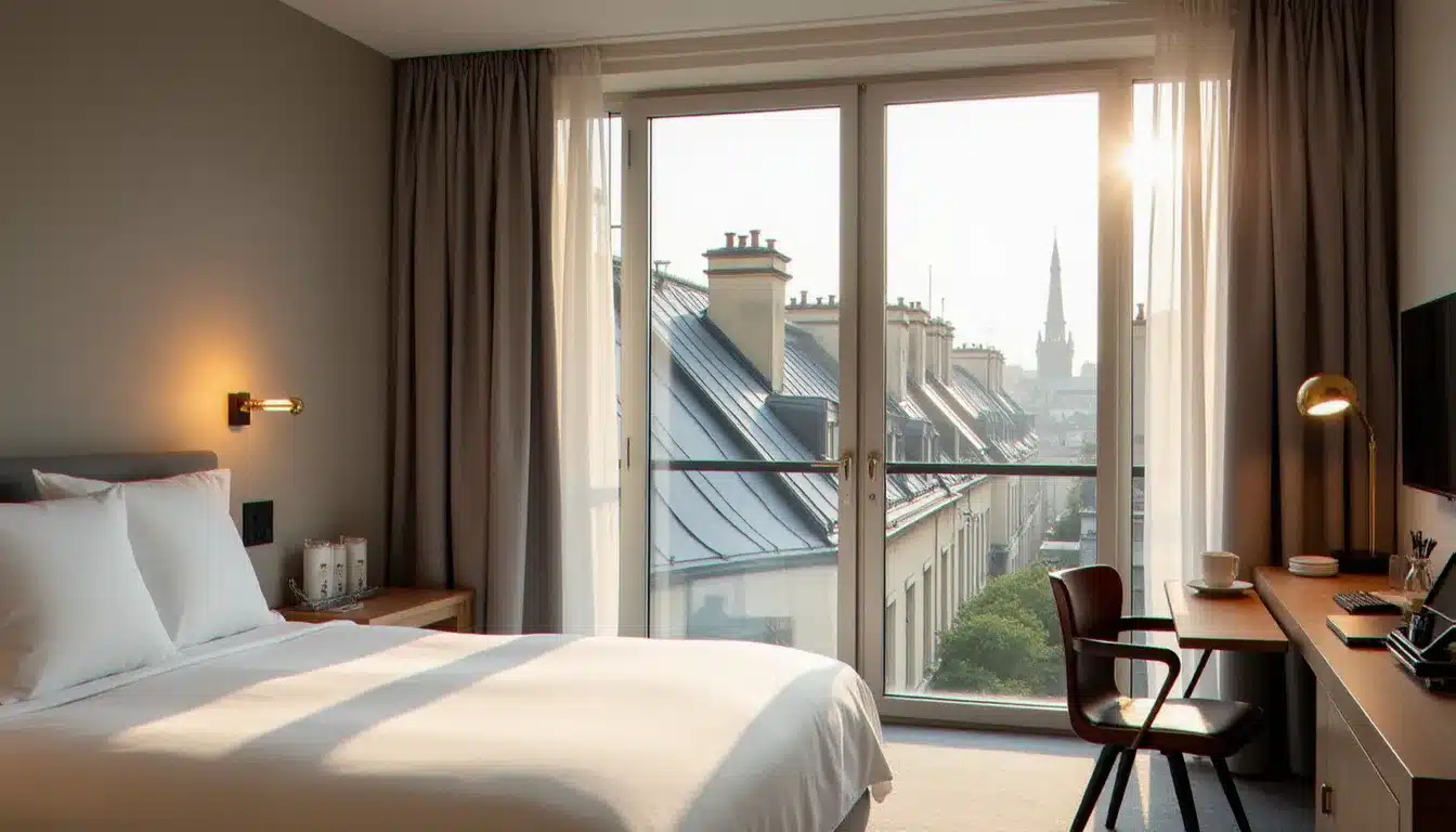 Chambre d'hôtel moderne à Paris avec vue sur les toits haussmanniens, literie blanche et ambiance lumineuse de fin d'après-midi