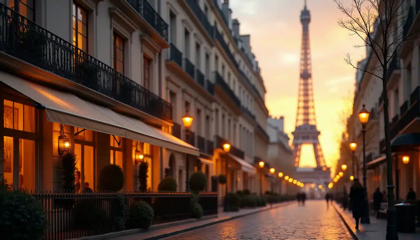 Façade d'un hôtel parisien haussmannien au coucher du soleil, balcons en fer forgé et lumières chaudes — meilleur hôtel Paris ambiance