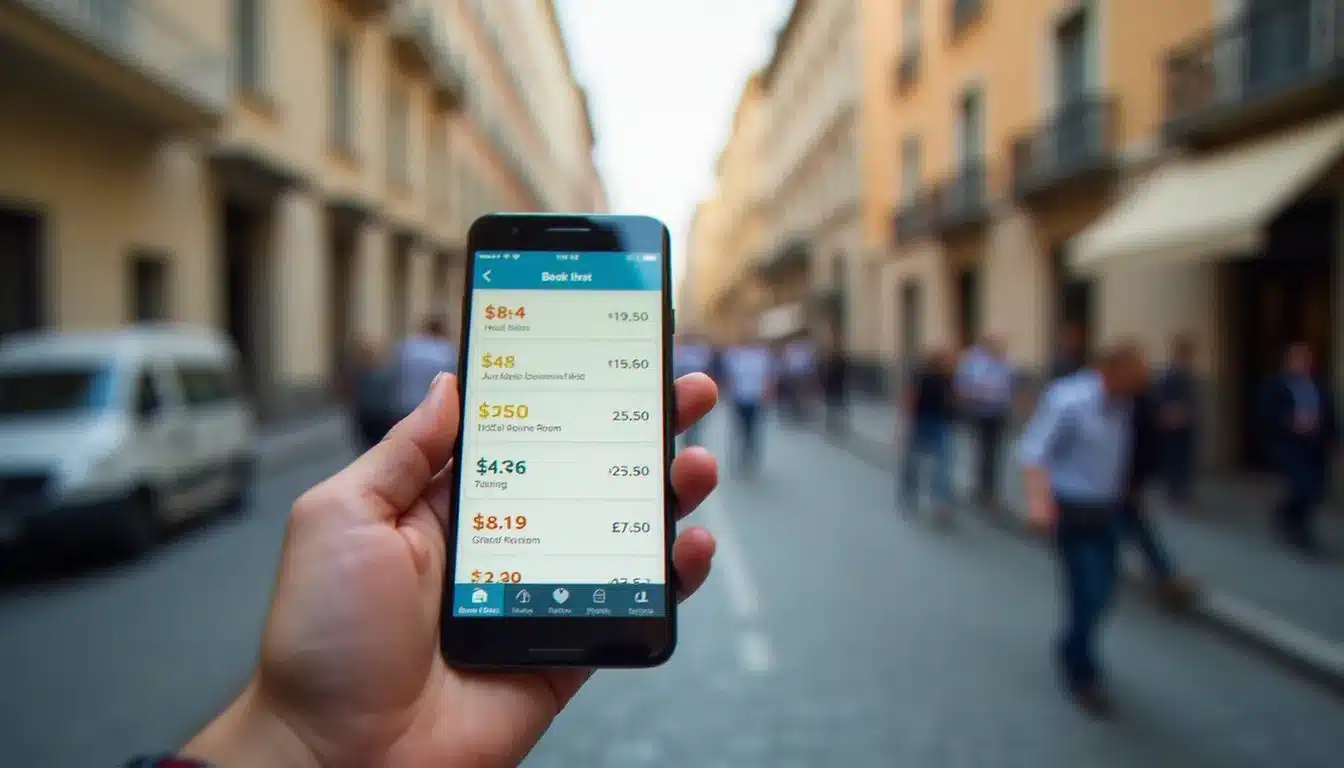Comparaison de prix hôtel sur plusieurs plateformes de réservation affichées sur un smartphone, illustration de la recherche du meilleur site hôtel