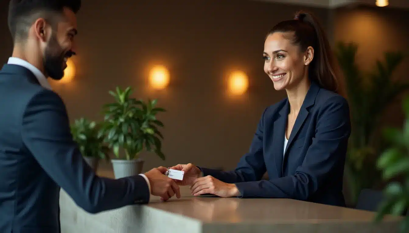 Réceptionniste d'hôtel remettant une clé de chambre à un client satisfait, illustration de la réservation directe à l'hôtel sans intermédiaire