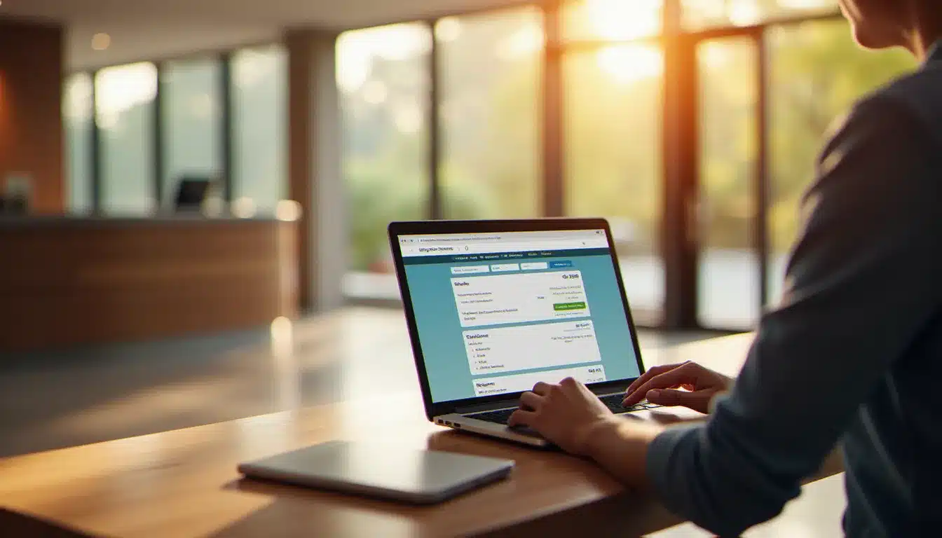 Voyageur comparant les prix sur un site de réservation d'hôtel sur ordinateur portable dans un lobby lumineux, illustration du choix du meilleur site hotel