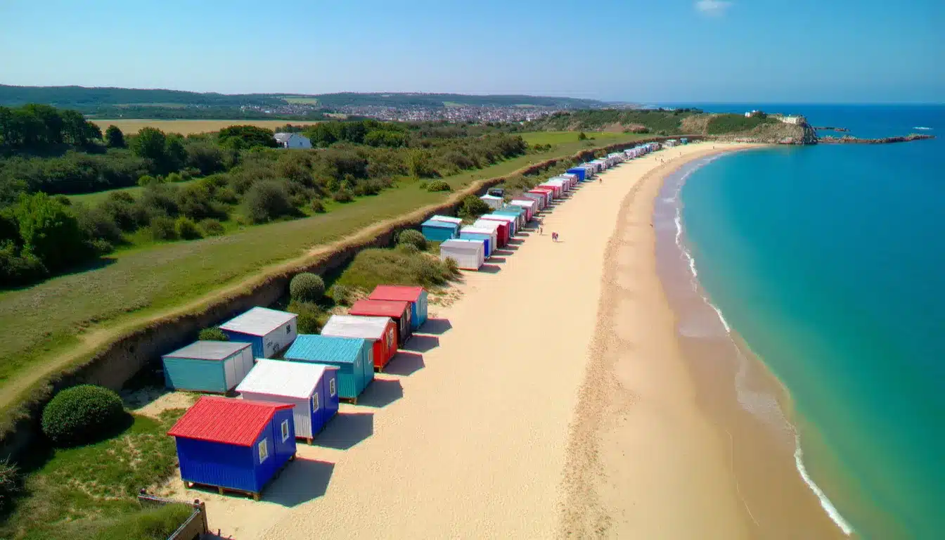 Vue aérienne de la plage de l'Écluse à Dinard avec ses cabines multicolores et l'eau turquoise de la Côte d'Émeraude en été