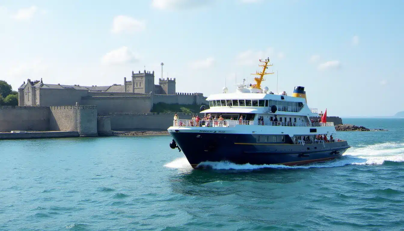 Navette maritime entre Saint-Malo et Dinard par temps clair, passagers sur le pont avec les remparts malouins en arrière-plan